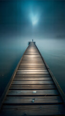  Bridge Over River Fading into the Distance with Silhouette of a Person at the End, Looking Into the Twilight