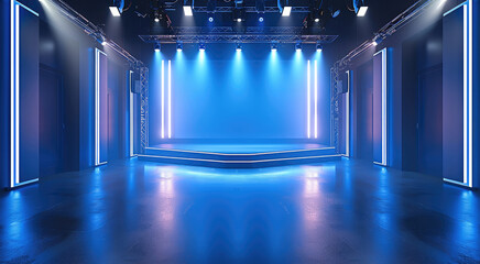 A shining stage TV studio as a showroom, simple, modern and technological, smart display stand in the background, spotlight lighting, bright. Generative AI.