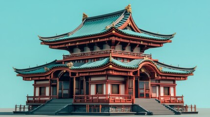 Obraz premium Traditional Japanese pagoda with curved roofs and ornate details.