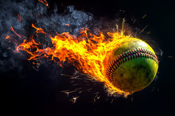 A dynamic image of a flaming softball in motion, illustrating speed and intensity in sports.
