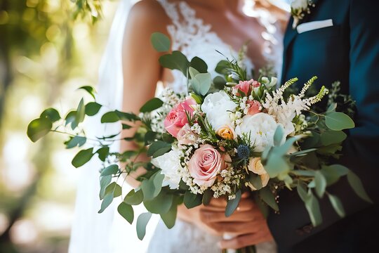 Bride and groom holding pink and white wedding bouquet
