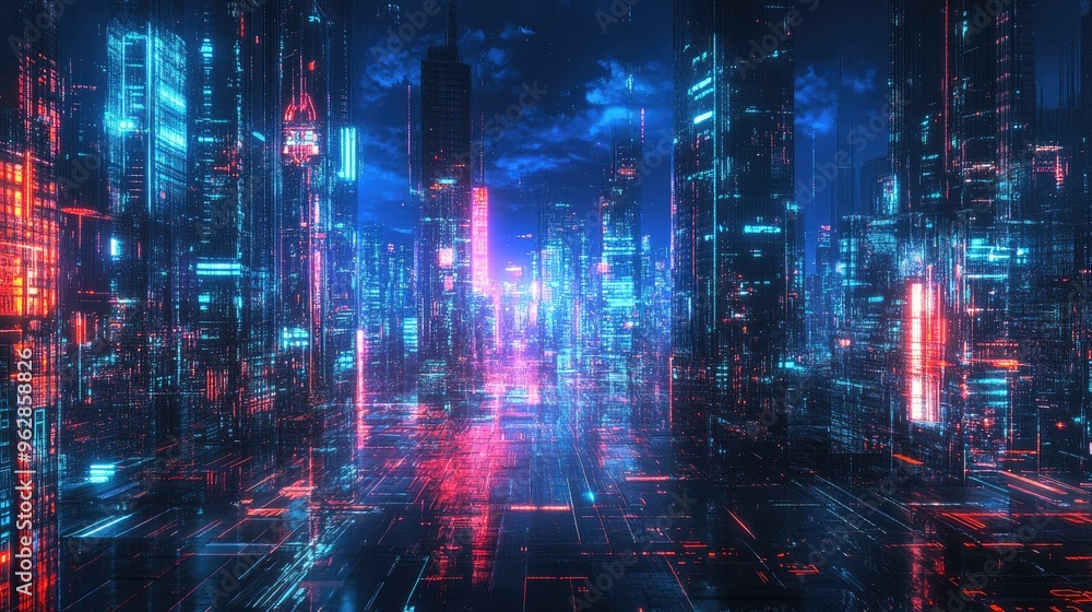 Poster urban architecture illuminated by neon lights with abstract digital effects, offering a panoramic vi