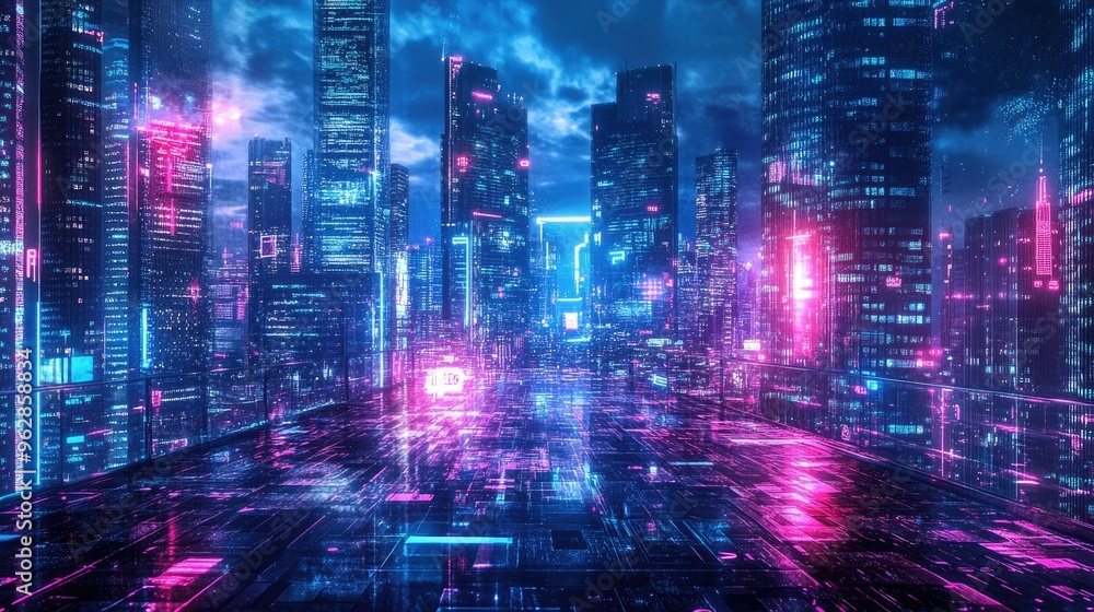 Poster urban architecture illuminated by neon lights with abstract digital effects, offering a panoramic vi