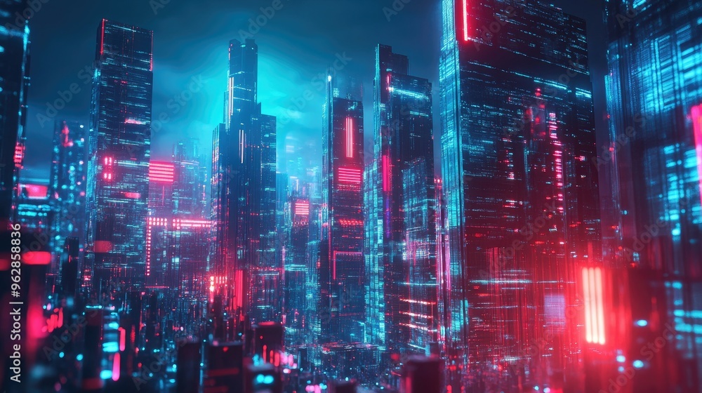 Aufkleber urban panorama featuring advanced architecture and neon light effects, creating a high-tech, futuris