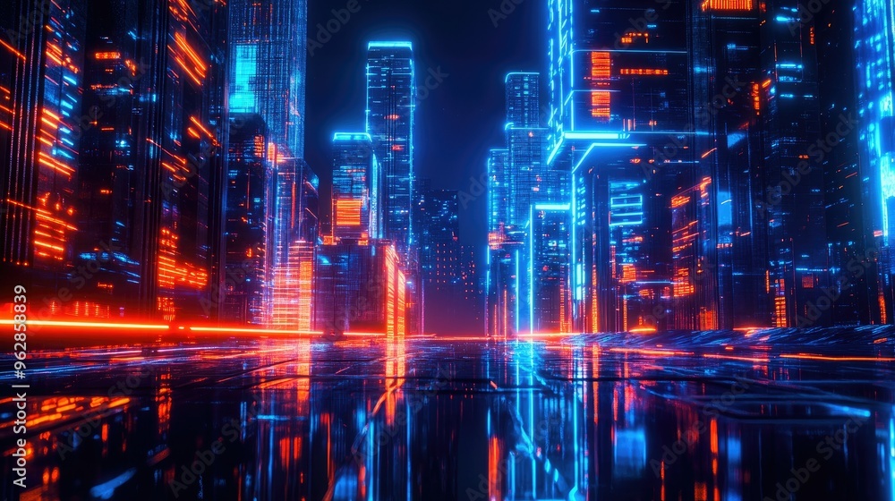 Poster urban architecture illuminated by neon lights with abstract digital effects, offering a panoramic vi
