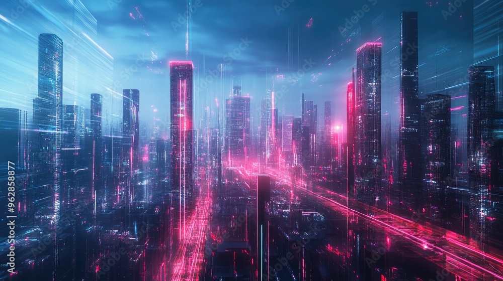 Poster urban panorama featuring advanced architecture and neon light effects, creating a high-tech, futuris