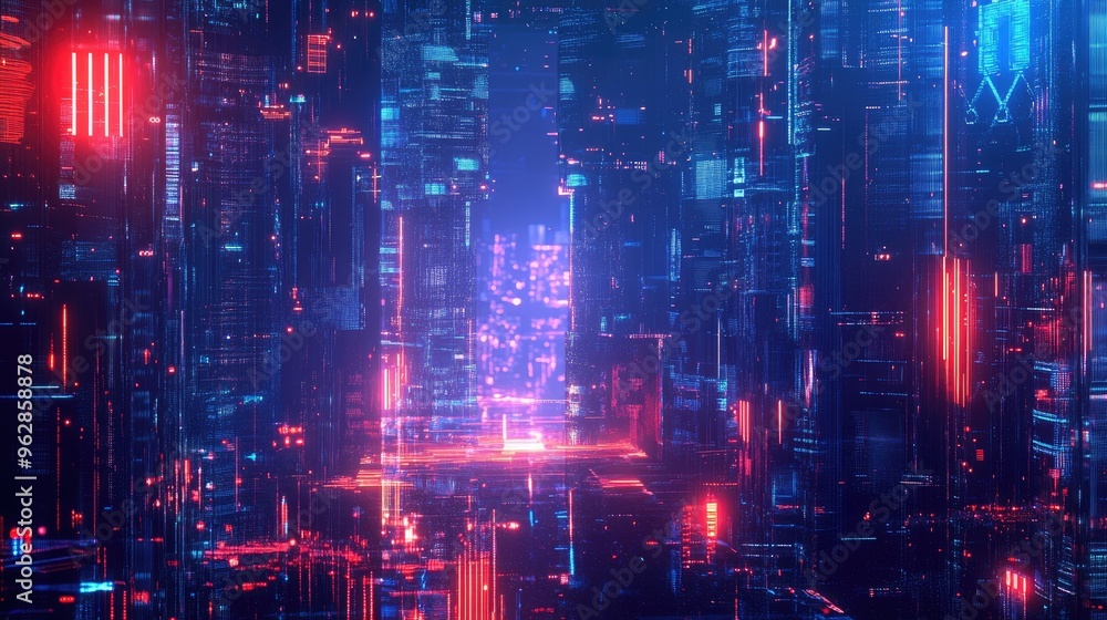 Poster urban panorama featuring advanced architecture and neon light effects, creating a high-tech, futuris