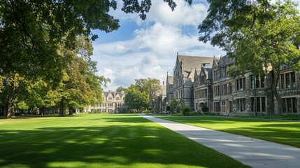 Obraz premium University campus with historic buildings and lush green lawns.