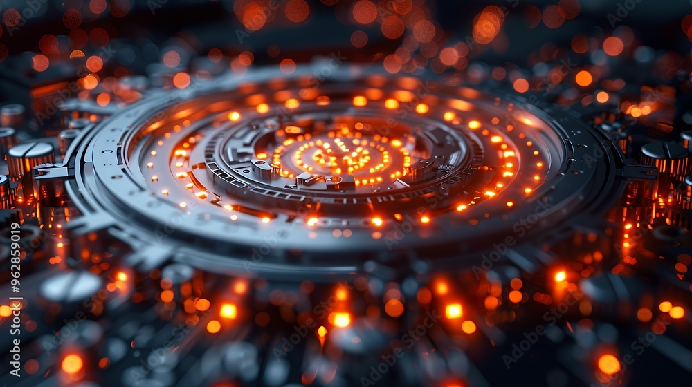 Poster a close-up of a futuristic metallic object with glowing lights.