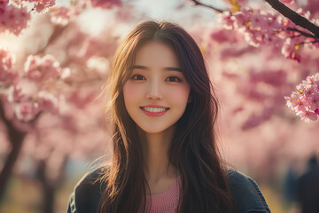 Cheerful Asian woman walking through a cherry blossom park, ultradetailed textures, vibrant pinks, soft sunlight, peaceful mood