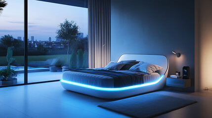 Bedroom with a smart mattress that adjusts firmness and temperature according to sleep patterns alongside AI-powered lighting and sound systems creating the ideal sleep environment