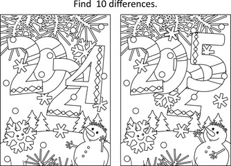 Years 2024 and 2025 difference game and coloring page with rasing year 2025 heading, cute little snowman, cheerful snowflake and outdoor winter scene
