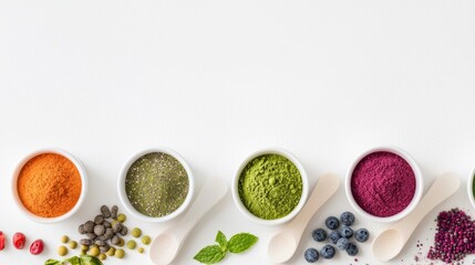 Assortment of colorful superfood powders and ingredients A vibrant selection of superfood powders in bowls with various natural ingredients like berries and seeds on a white background