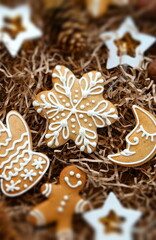 Cute Christmas Gingerbread and Lights Stars. Top View