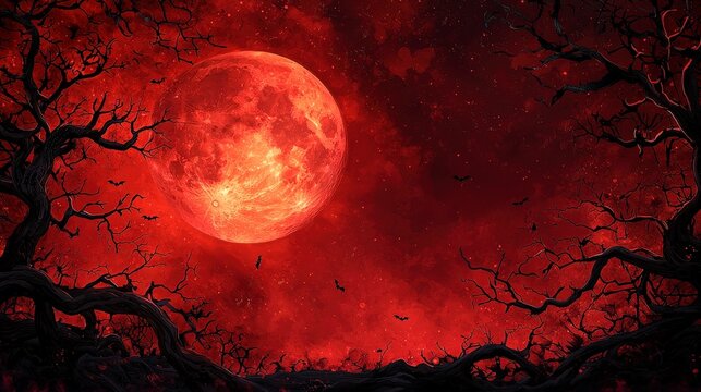 A spooky forest landscape with a blood red moon in the sky.