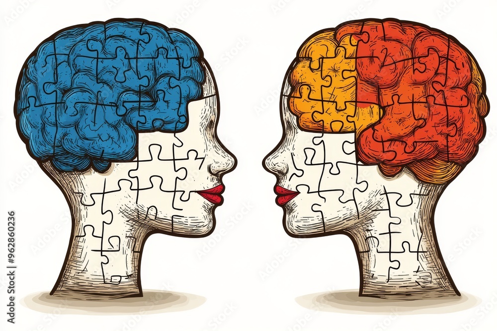 Poster synaptic resilience neuroanatomy puzzle head profiles facing each other in primary colors illustrati