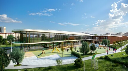 Obraz premium Modern School Building with Outdoor Playground and Green Space