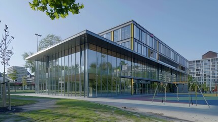 Obraz premium Modern Glass Facade Building with Playground