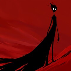 A shadowy figure stands against a red background, its long, flowing hair trailing behind it. The figure's white eyes are piercing, and its expression is one of mystery and intrigue.