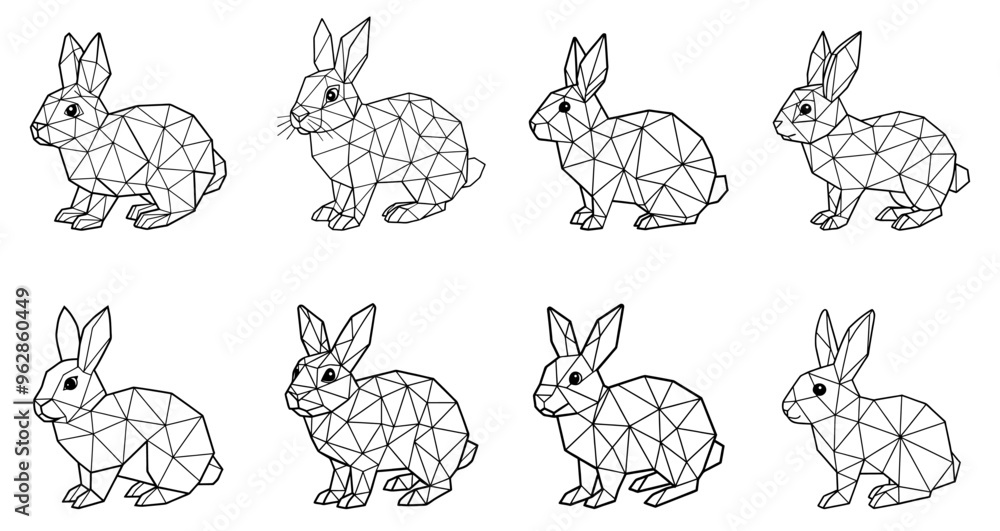 Poster set of abstract polygonal rabbits. linear geometric polygonal rabbits. cute rabbit in low triangular