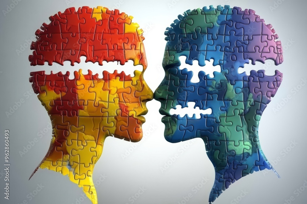 Poster neural longevity neuroanatomy multi colored heads with puzzle pieces connecting symbolizing diversit