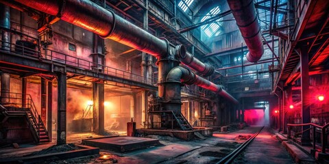 Obraz premium Moody atmospheric factory interior with rusty pipes, dim red lighting, and subtle smoke suggesting abandonment and decay