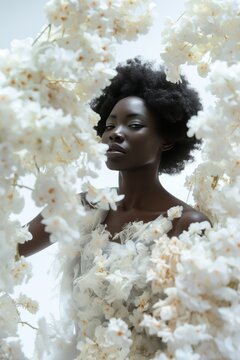Stunning black woman stands against white background wearing flowing white dress adorned with white flowers. Elegant pose perfume concept. High-end fashion photography beauty, sophistication.