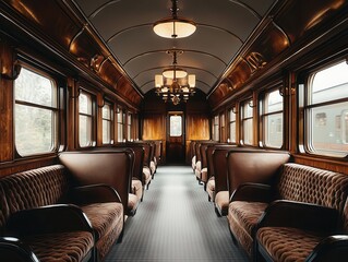 Vintage luxury train passenger room with chandeliers and plush velvet upholstery, vintage luxury train room, opulent train journey