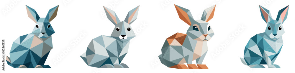 Poster set of abstract polygonal rabbits. linear geometric polygonal rabbits. cute rabbit in low triangular
