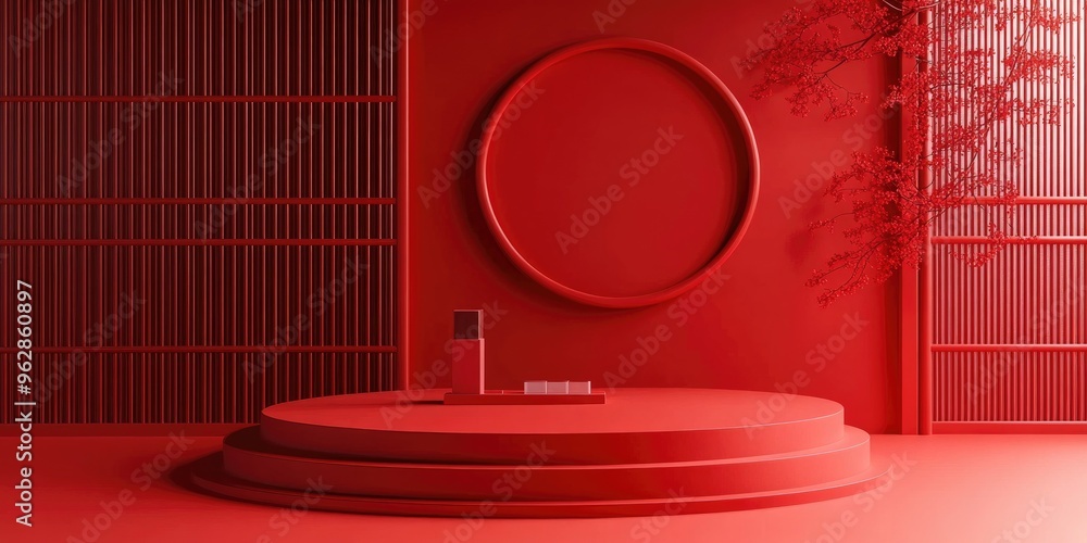 Aufkleber geometric podium display for cosmetic products in a red japanese style 3d rendering