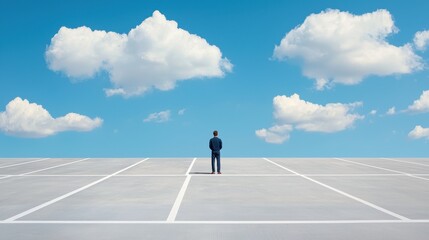 Solitude in the Sublime: Lone Person Standing in Empty Minimalistic Parking Lot Scene