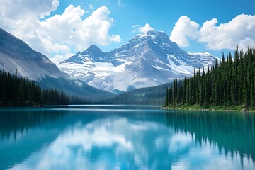 Turquoise lake louise reflecting surrounding mountains and trees