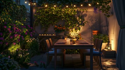 Fototapeta premium Romantic Outdoor Dinner Setting with String Lights and Candlelight