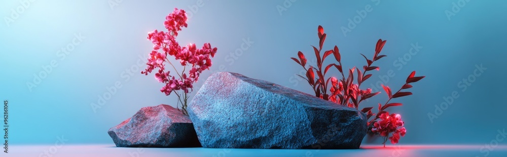Poster a minimalistic composition featuring a stone adorned with flowers set against a light blue backdrop 
