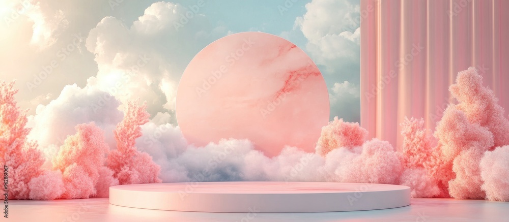 Poster minimalist podium scene with abstract backdrop in pastel hues 3d rendering