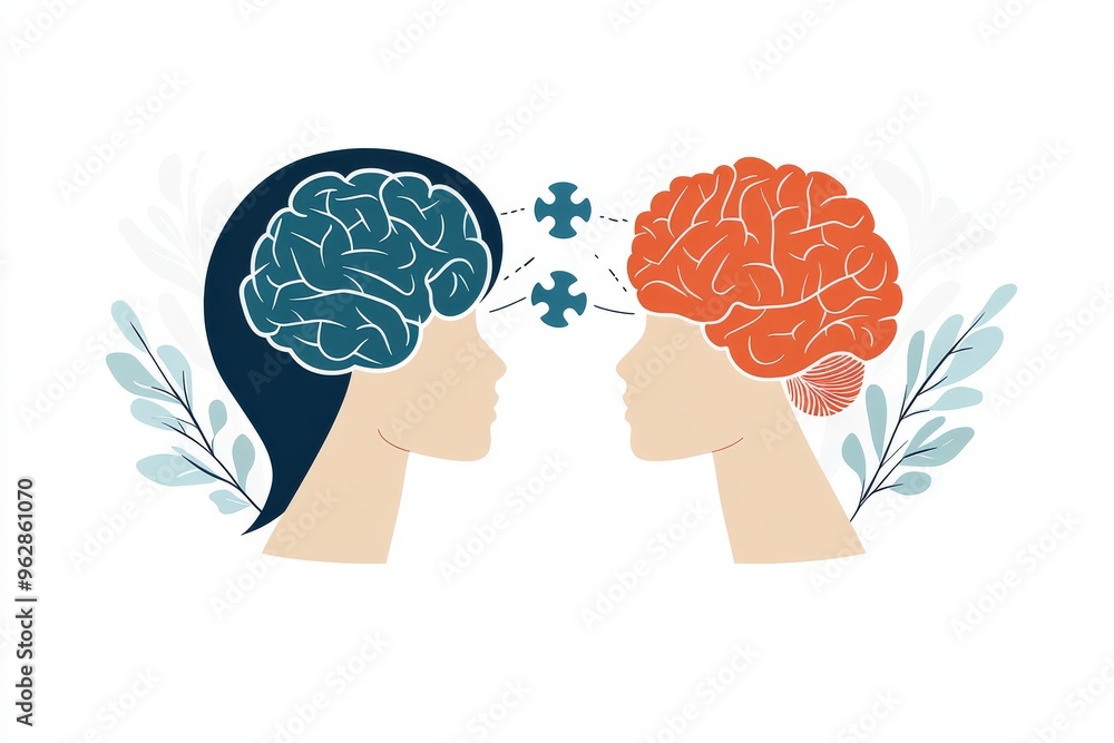 Poster cognitive implants neuroanatomy simplistic flat design of two heads with brains and puzzle pieces re