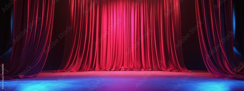 Aufkleber stage with red draped curtains 3d visualization