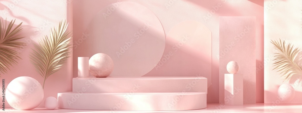 Poster abstract podium background featuring geometric shapes in pastel pink tones minimalistic 3d rendering