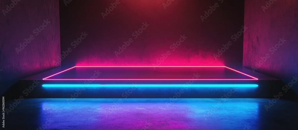 Poster Blank product display featuring neon lights against a darkroom backdrop 3D rendering