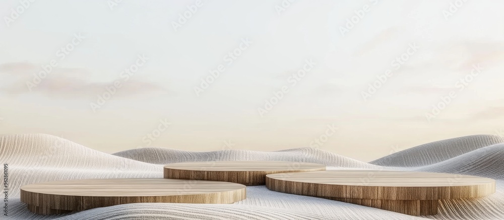 Aufkleber wooden podium in a field for product showcasing with a white background 3d rendering