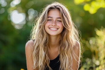 Sunlit portrait of a young woman wearing a scoop top, with blonde hair glowing softly, creating a warm and natural atmosphere in her look.
