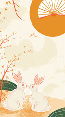 Obraz premium Light yellow moonlit background with two rabbits holding Chinese paper fans, accented by an orange curve in the upper right corner, showcasing simple lines, 
