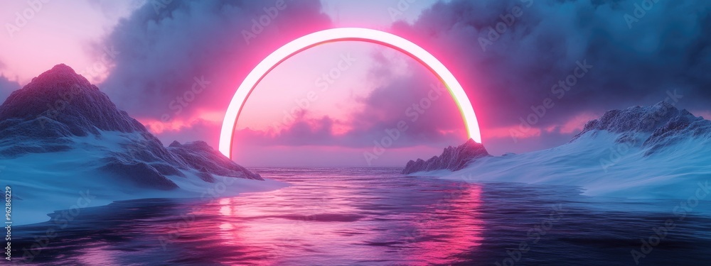 Poster surreal dreamlike background featuring an abstract winter landscape with dunes and a geometric arch 
