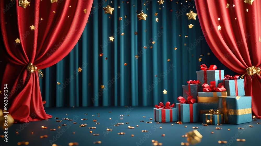 Poster Empty stage with gifts on a blue background 3D rendering Digital computer artwork