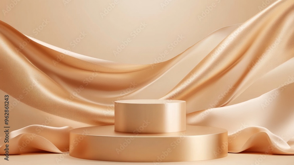 Poster three podiums on a platform for cosmetic presentation featuring fluttering fabric in gold designed a