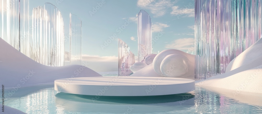 Aufkleber surreal 3d rendering of a landscape featuring a round podium on water and white sand set against a b