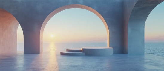 Scene featuring geometric shapes an arch with a podium illuminated by natural daylight set against a minimal landscape with a sea view 3D rendered background