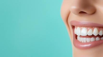 Close-up of a smiling woman’s face highlighting her radiant expression and perfectly aligned teeth, showcasing joy and confidence through her bright smile.
