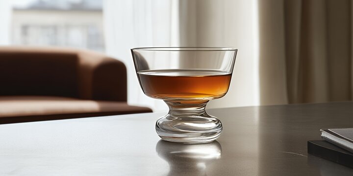 A single glass of amber liquid sits on a shiny table with a blurred armchair in the background.