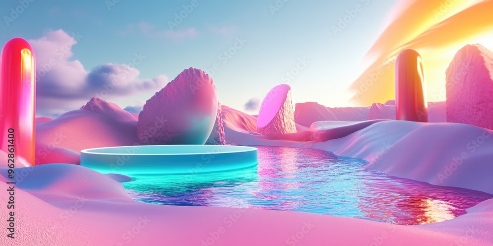 Fototapete Surreal 3D rendering of a landscape featuring neon shapes in water and vibrant sand with a podium and abstract objects in the background creating a futuristic fantasy setting